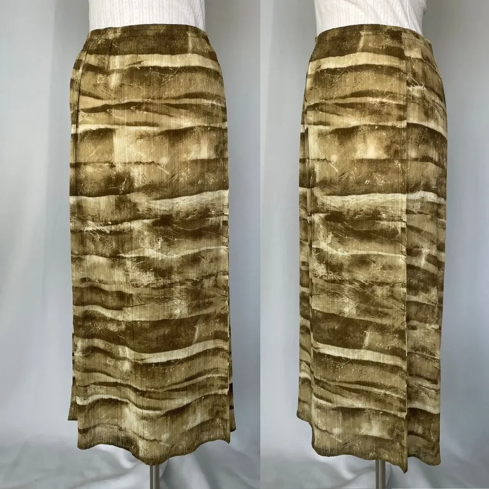 Boho Midi Skirt Size Small Green Brown Abstract Crinkle Pleated Fairy Whimsigoth